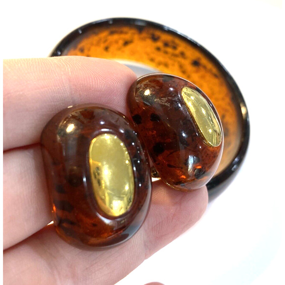 Tortoise Shell Lucite jewelry bangle bracelet clip on earrings signed W Germany - Picture 7 of 10